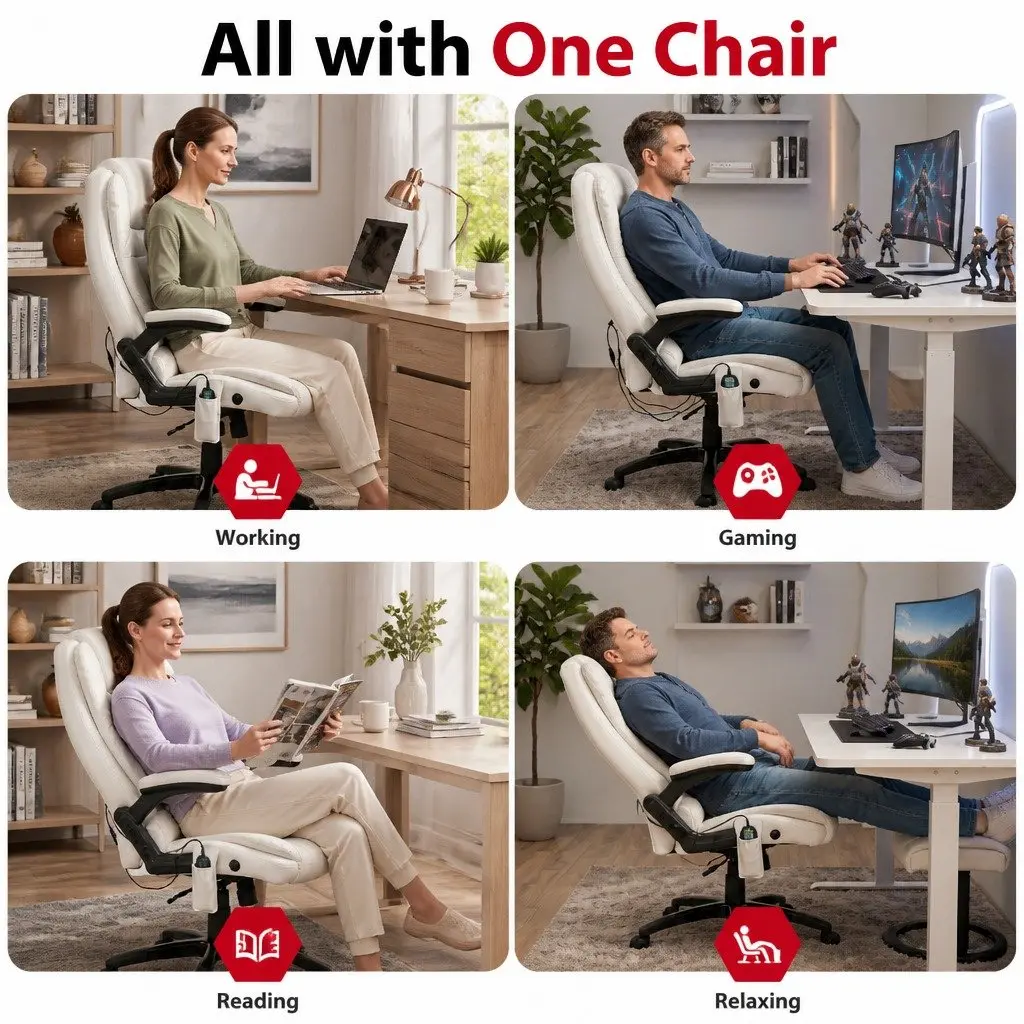 Massage Chair White High Back PU Leather 8 Point Vibration Massage Heated Seat Recliner