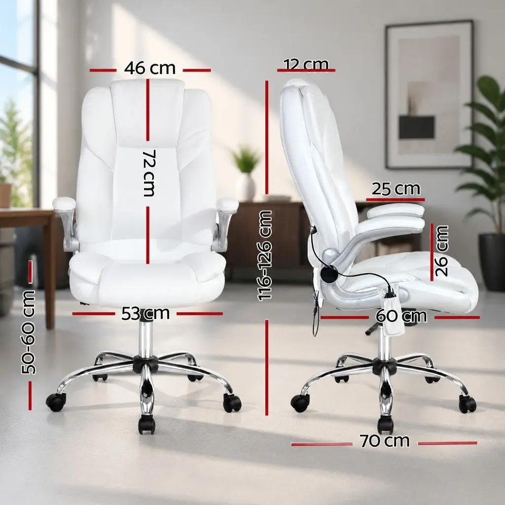 8 Point Massage Office Chair High Back Vibration White PU Leather Work Seat