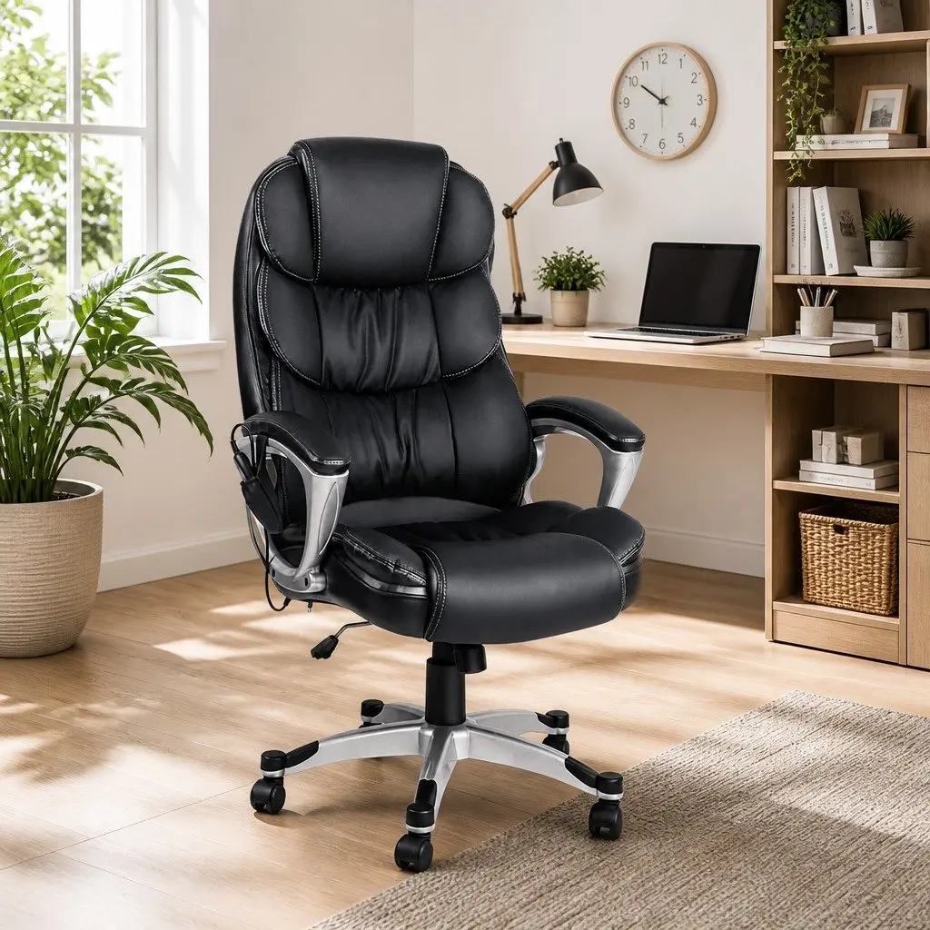 Massage Chair Black High Back 8 Point Heated Seat PU Leather