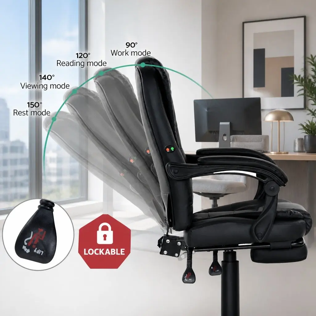 Massage Chair Black PU Leather Adjustable Recliner with Footrest 2-Zone Massage