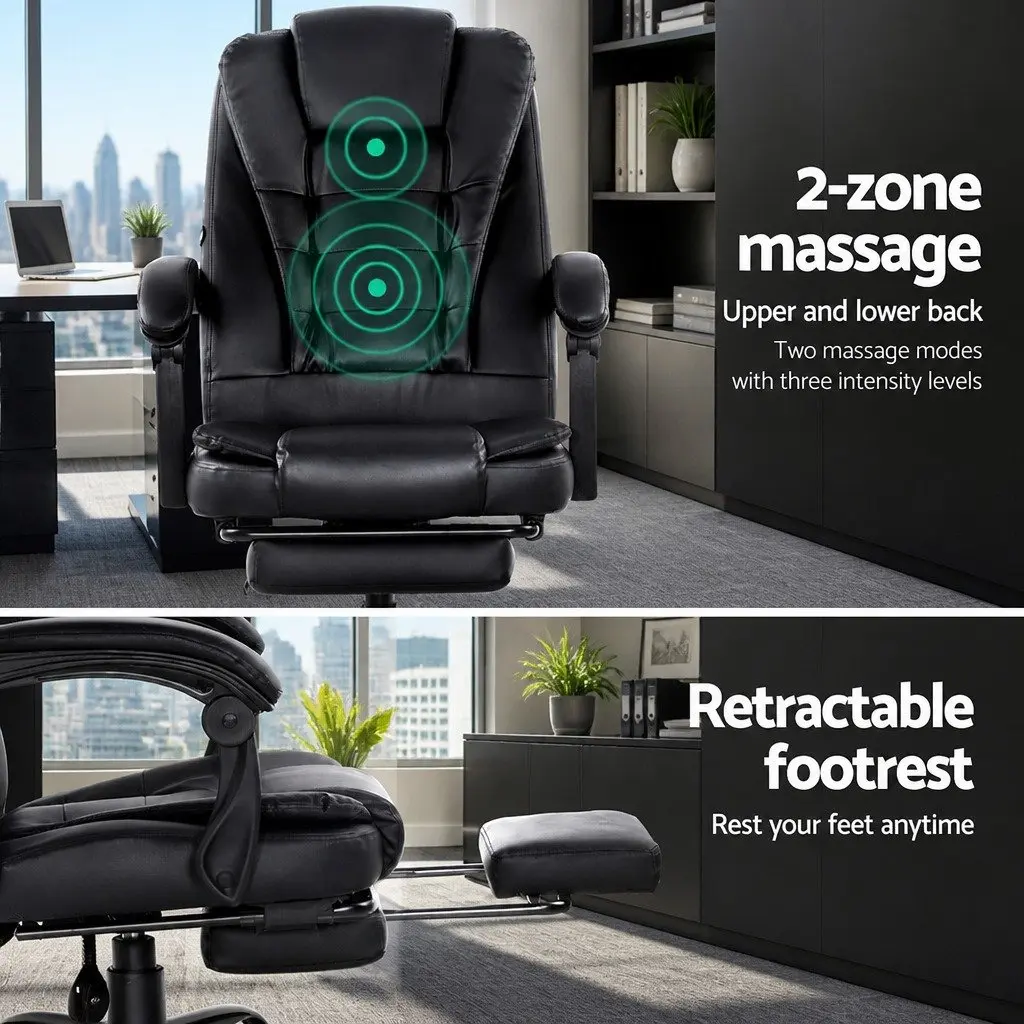 Massage Chair Black PU Leather Adjustable Recliner with Footrest 2-Zone Massage