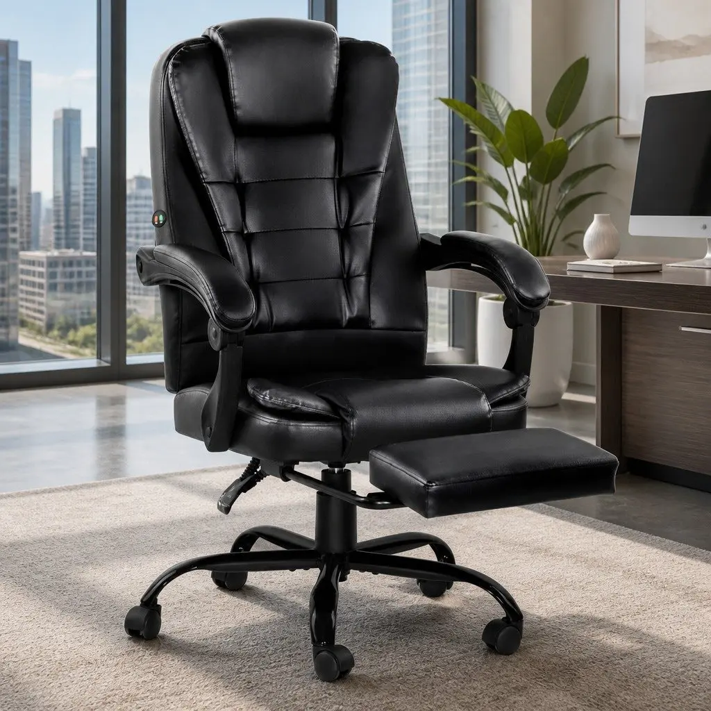 Massage Chair Black PU Leather Adjustable Recliner with Footrest 2-Zone Massage