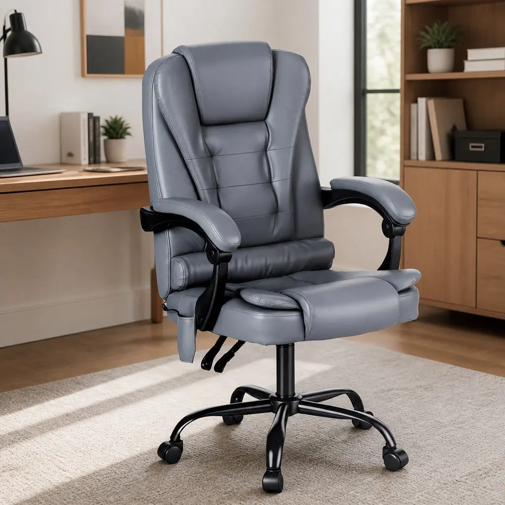 Massage Chair Grey Ergonomic 4-Point Adjustable Reclining with Dual-Layer Headrest and Soft-Padded Armrests