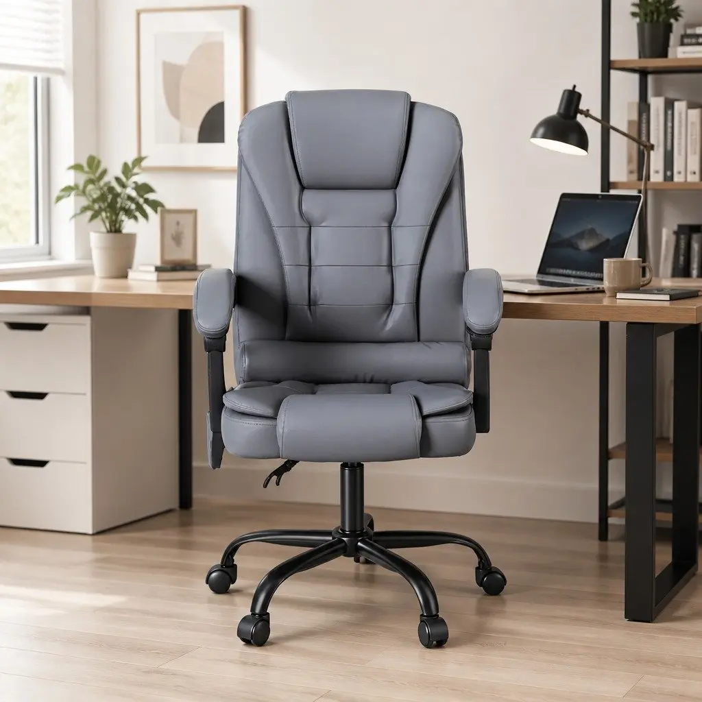 Massage Chair Grey Ergonomic 4-Point Adjustable Reclining with Dual-Layer Headrest and Soft-Padded Armrests