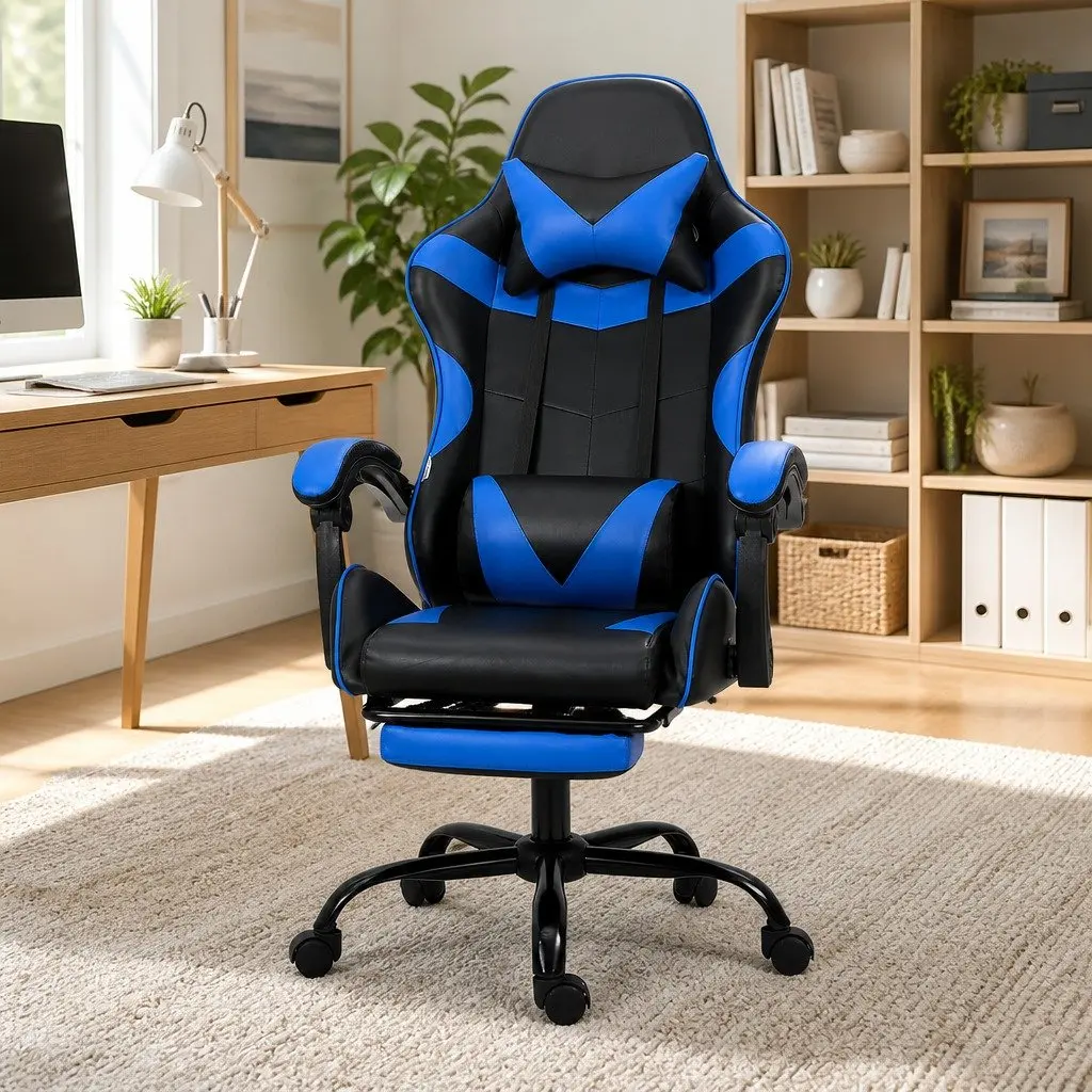 Massage Chair Blue Ergonomic 2 Point Vibration with Footrest