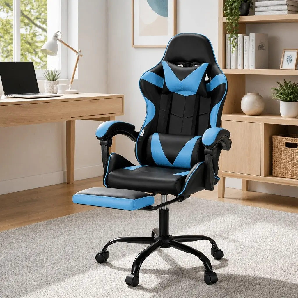Cyan Blue Gaming Chair with Footrest and Massage Functionality