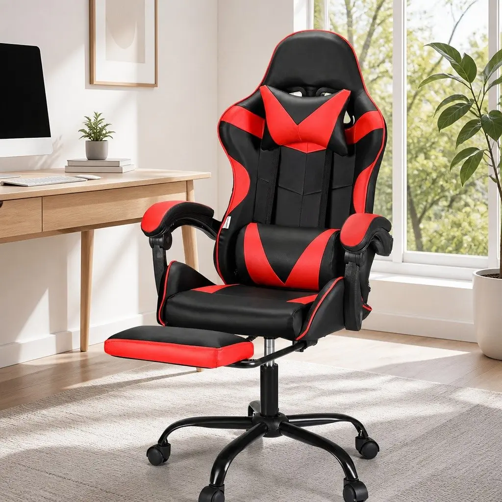 Massage Gaming Office Chair with Footrest Red Black Ergonomic Reclining