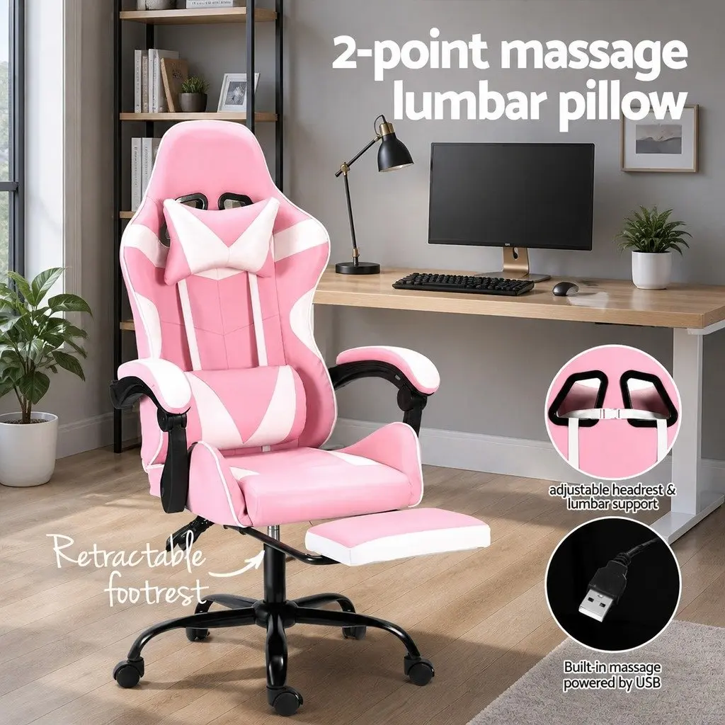 Massage Chair Pink Ergonomic 2 Point Vibration Lumbar Support with Footrest