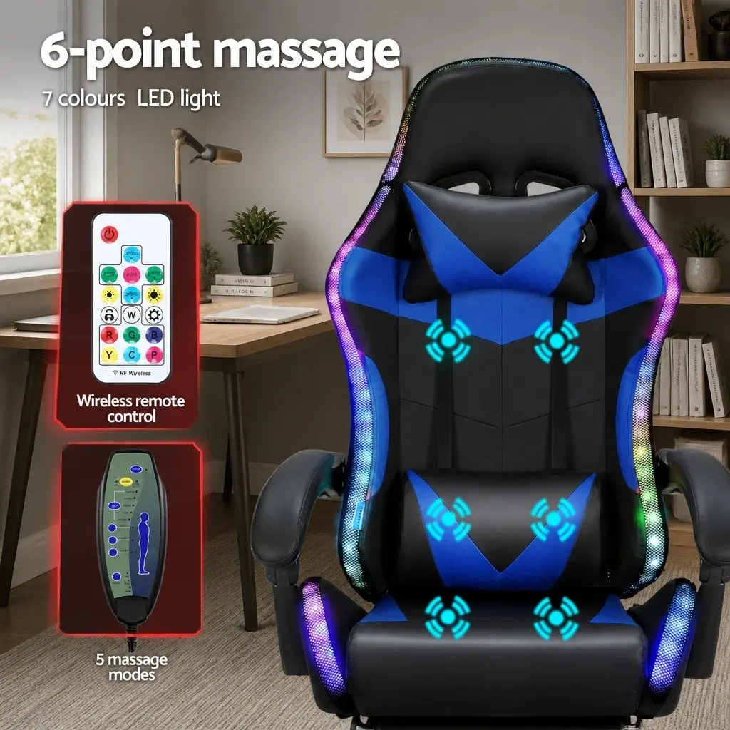 Massage Gaming Office Chair Blue 6 Point Vibration Adjustable Recline Retractable Footrest