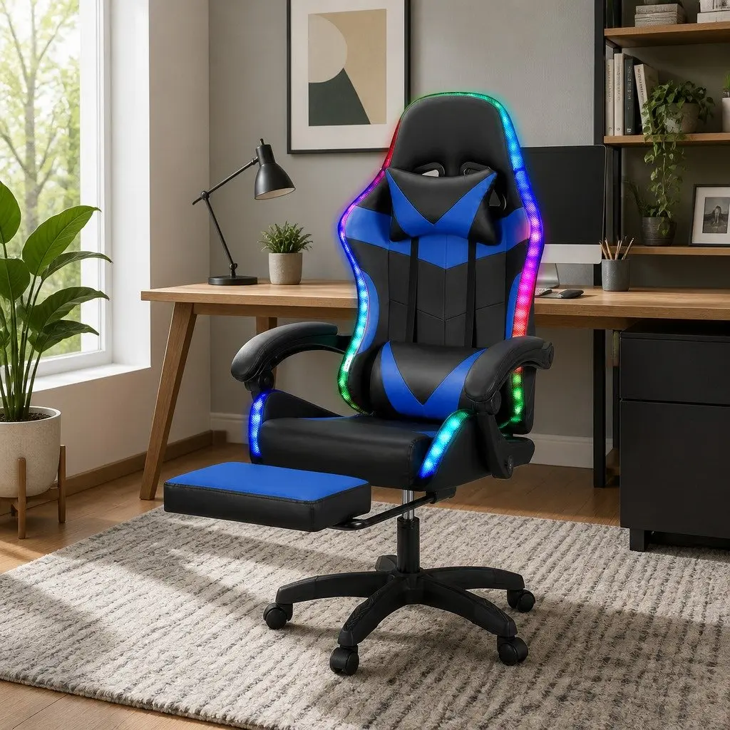 Massage Gaming Office Chair Blue 6 Point Vibration Adjustable Recline Retractable Footrest