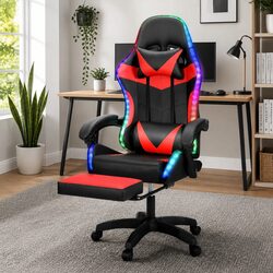 Massage Gaming Office Chair 6 Point Vibration 7 LED Footrest Red Black