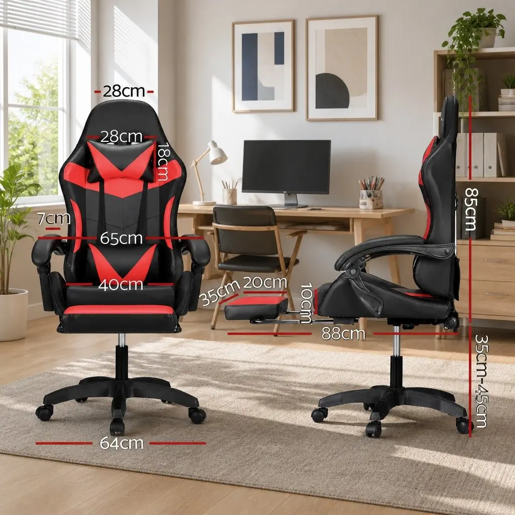 Massage Chair Red Black Ergonomic 6 Point Vibration 7 LED Footrest