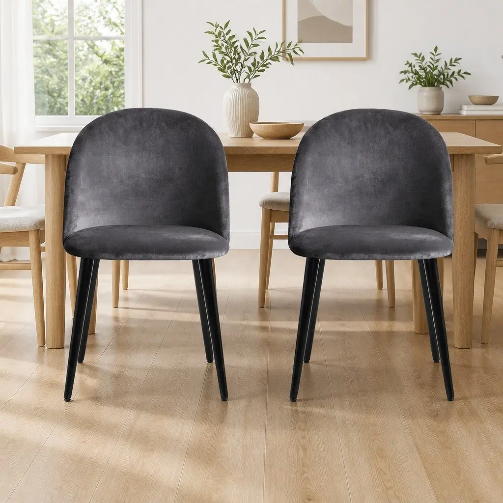 Dining Chairs Dark Grey Velvet Curved Seat Iron Legs Modern 2 Piece