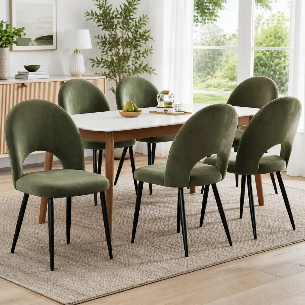 Green Velvet Dining Chairs Set of 6 Padded Seat Sturdy Plywood Frame Metal Legs Kitchen Dining Room Furniture