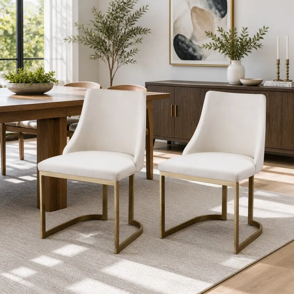 Dining Chairs Beige Padded Seat 2 Piece Linen Fabric Upholstered