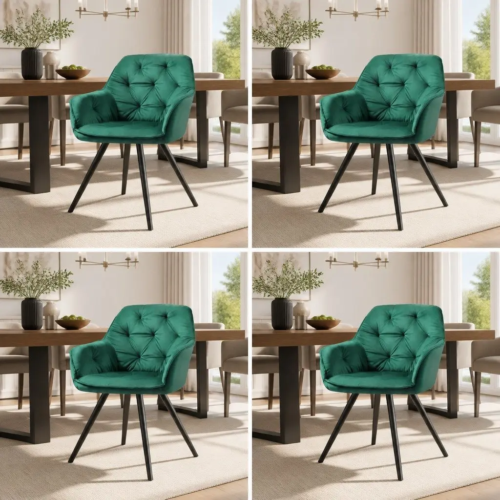 Dining Chairs Set of 4 Green Velvet Diamond Tufted Armchair Kitchen Furniture