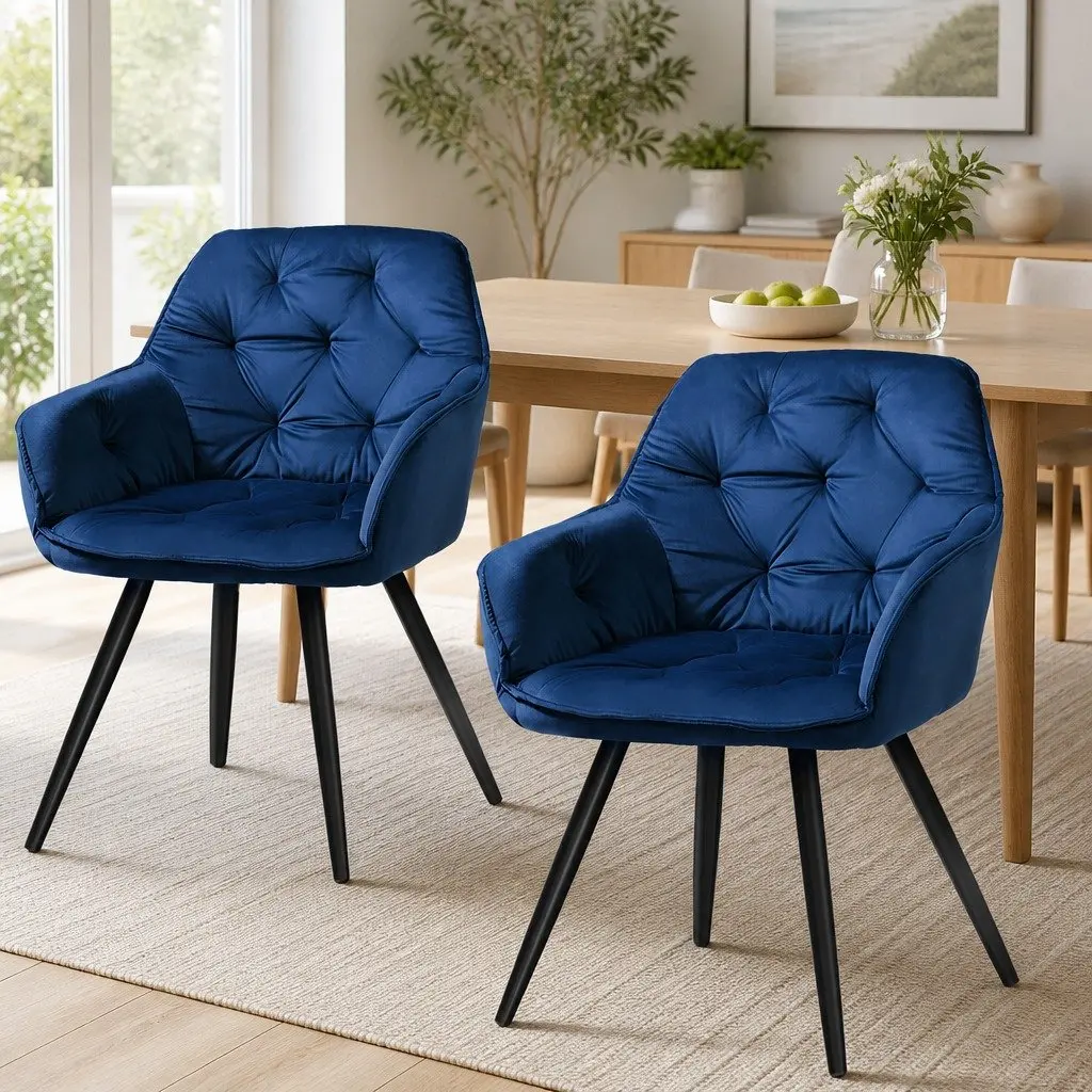 Dining Chairs Navy Blue Velvet Set of 2 Modern Armchair with Cushioned Back Support