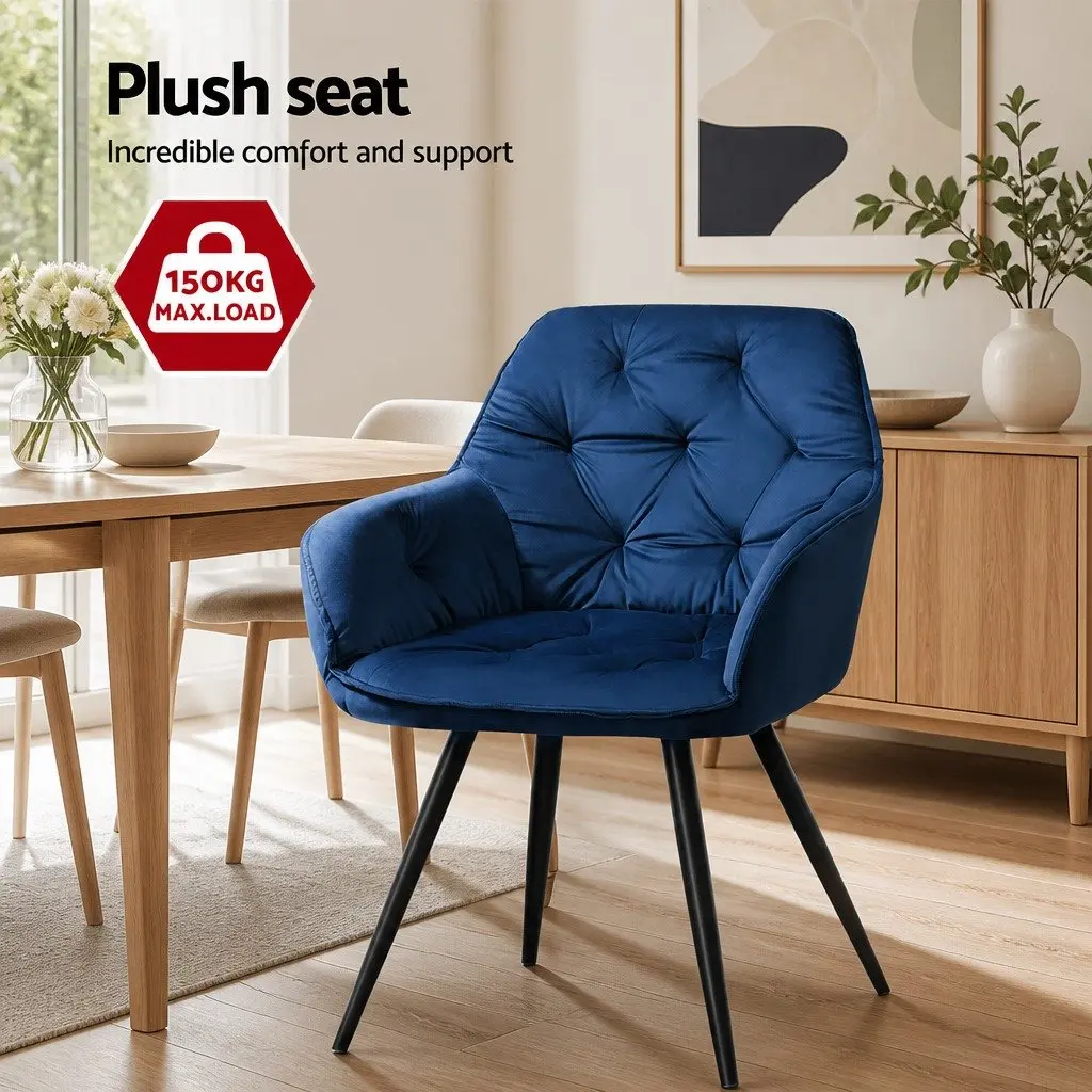 Dining Chairs Navy Blue Velvet Set of 2 Modern Armchair with Cushioned Back Support