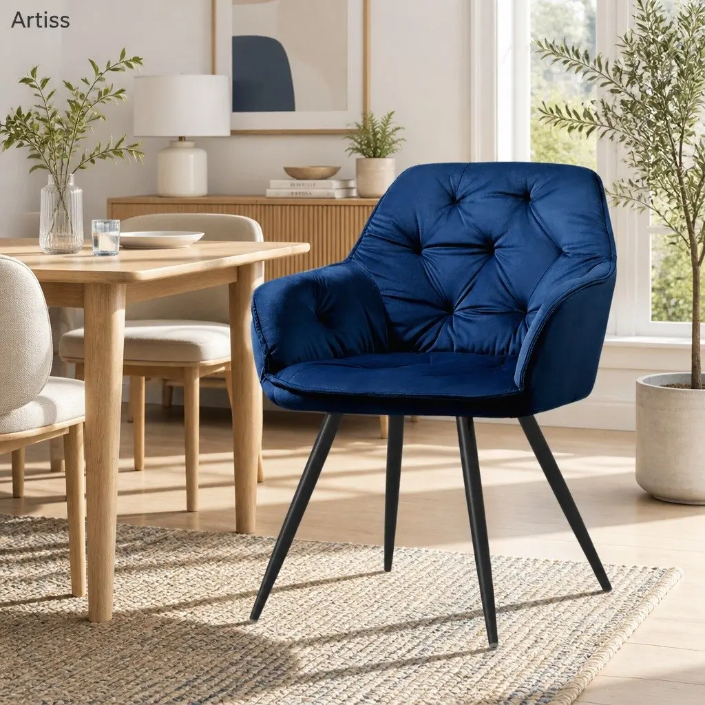 Dining Chairs Navy Blue Velvet Set of 2 Modern Armchair with Cushioned Back Support