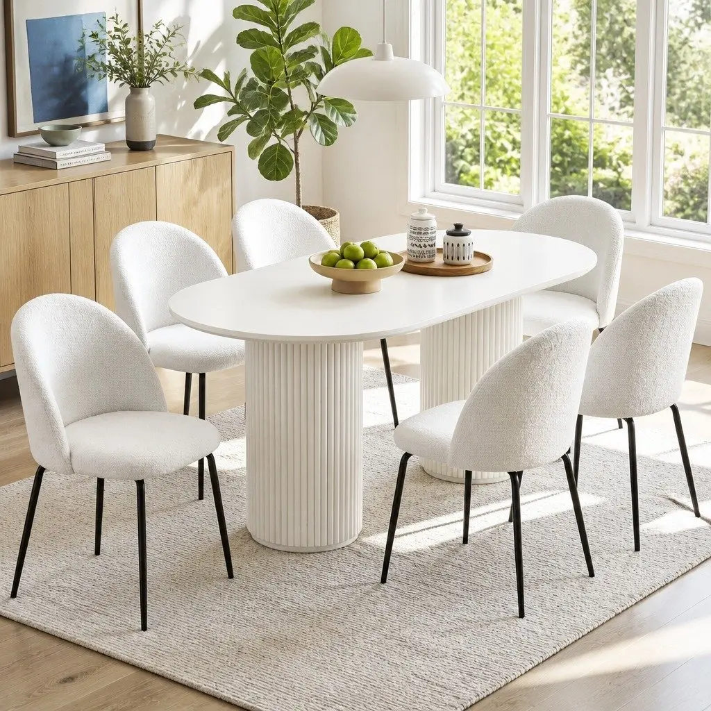 Dining Chairs White Sherpa Boucle Winged Backrest Set of 6