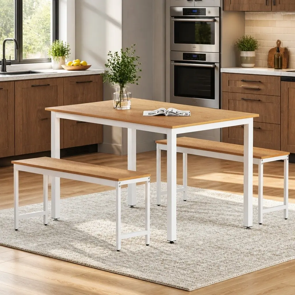 Dining Table and Chairs Set Natural and White 3 Piece Rectangle Metal Legs Sturdy Construction