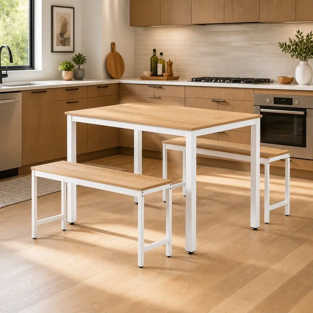 Dining Table and Chairs Set Natural and White 3 Piece Rectangle Metal Legs Sturdy Construction