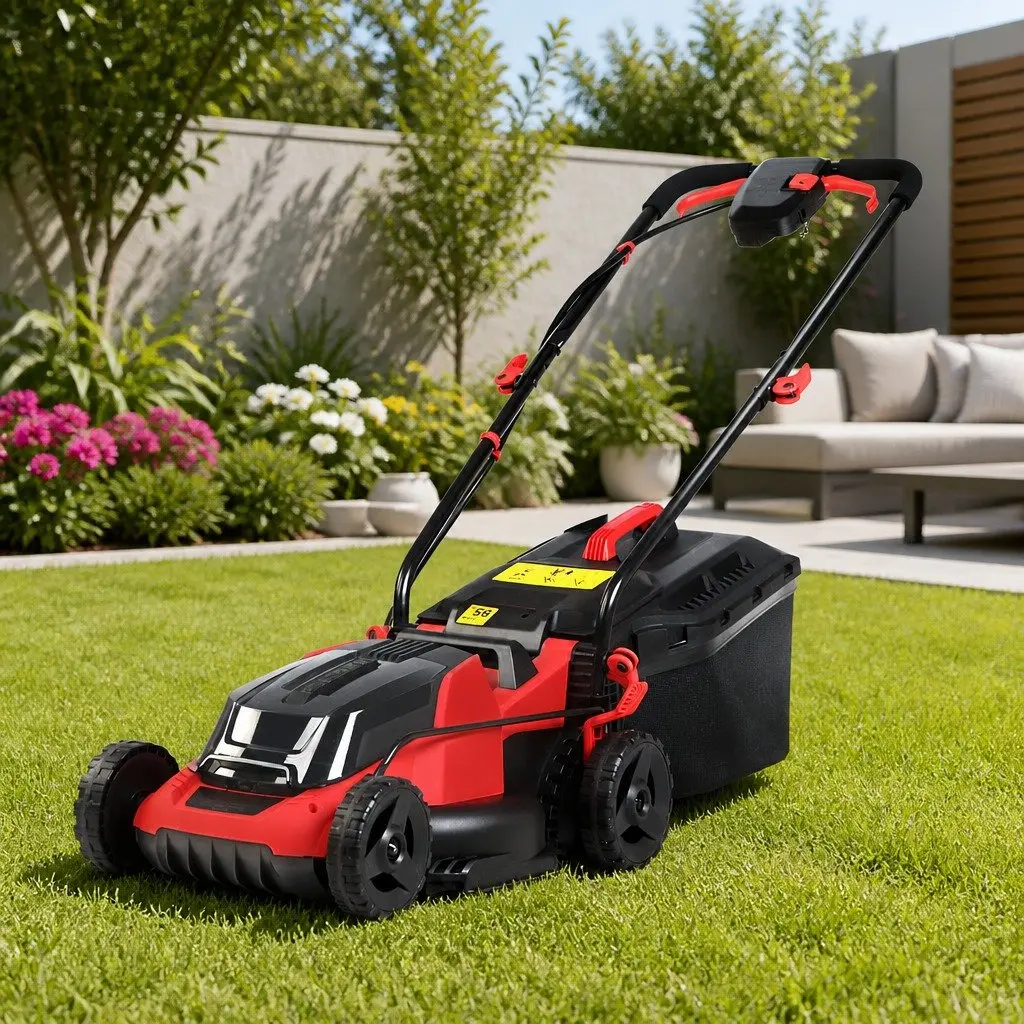 Cordless Lawn Mower Black Red 34cm Cutting Width Lightweight 40V Dual Battery System