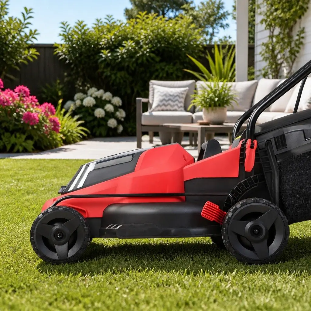Cordless Lawn Mower Black Red 34cm Cutting Width Lightweight 40V Dual Battery System
