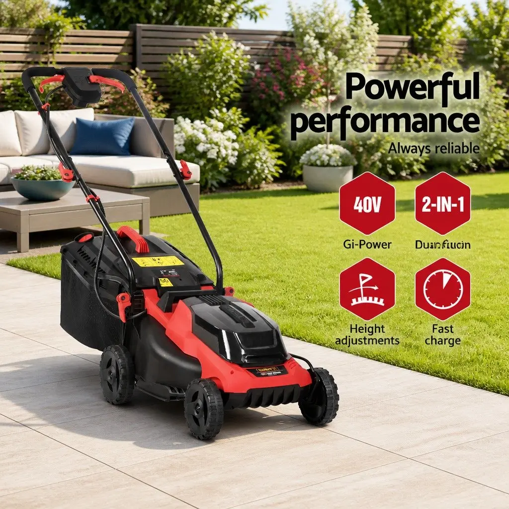 Cordless Lawn Mower Black Red 34cm Cutting Width Lightweight 40V Dual Battery System