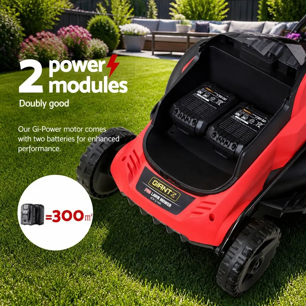 Cordless Lawn Mower Black Red 34cm Cutting Width Lightweight 40V Dual Battery System