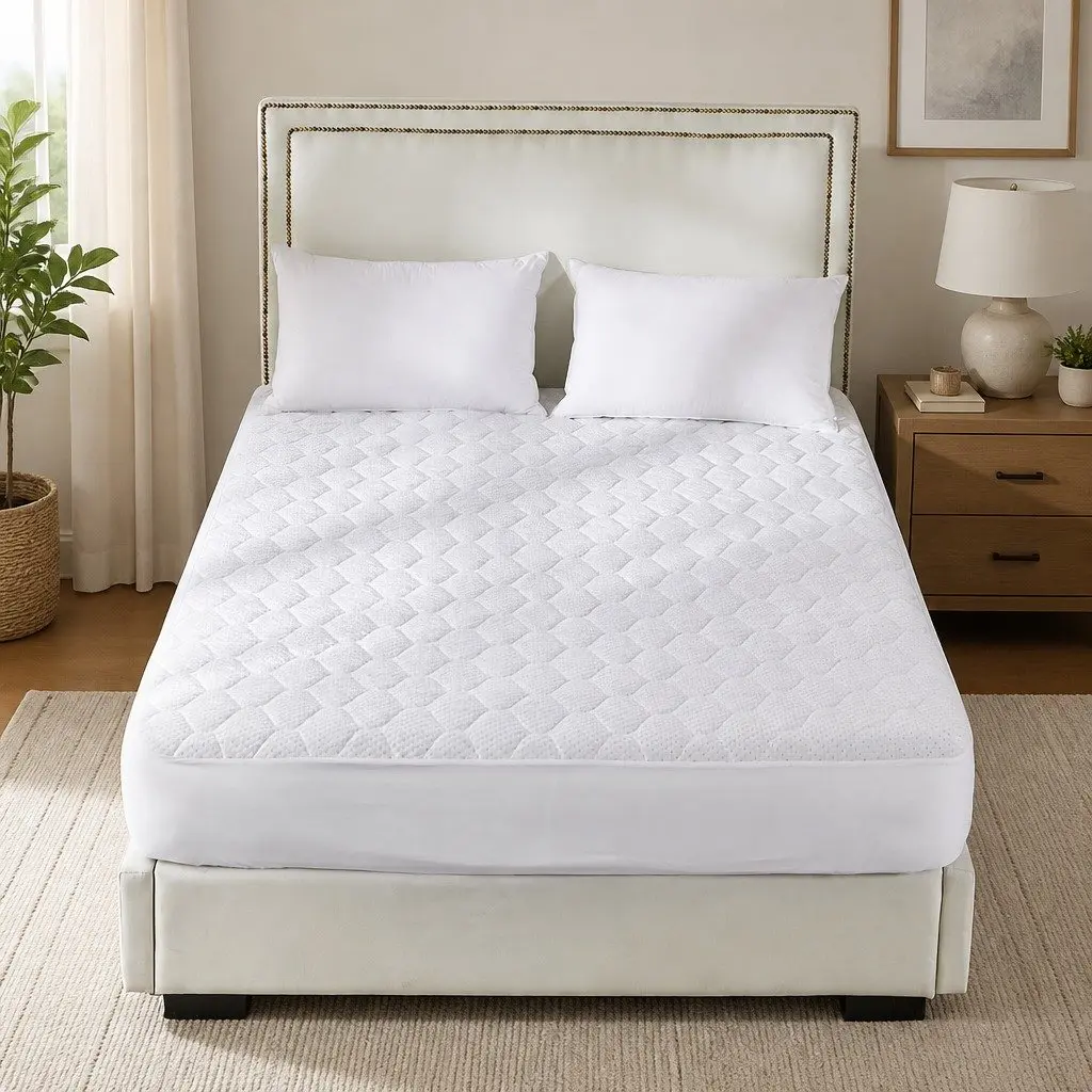Single Mattress Protector White Fitted Quilted Bamboo Fibre Waterproof