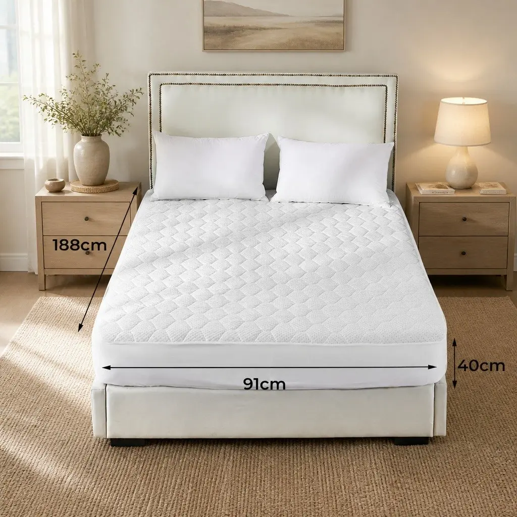 Single Mattress Protector White Fitted Quilted Bamboo Fibre Waterproof