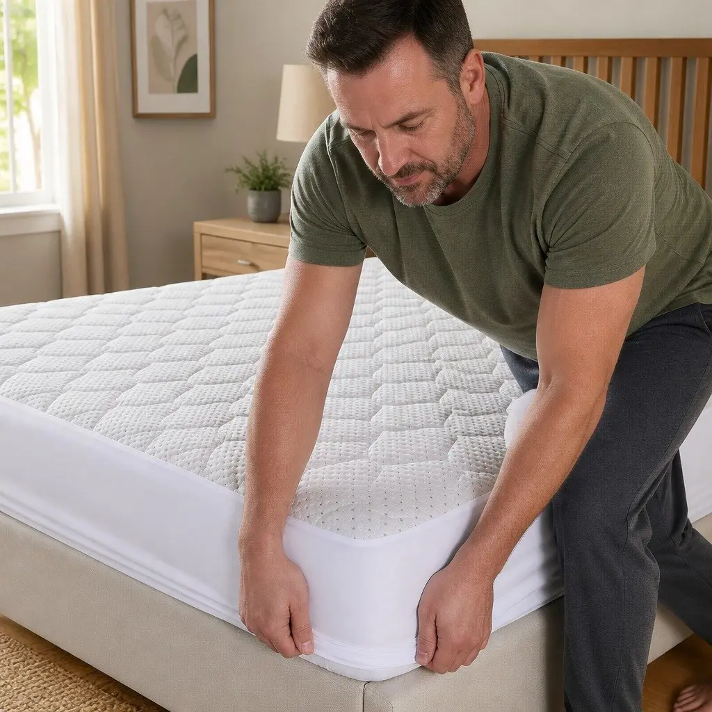 Single Mattress Protector White Fitted Quilted Bamboo Fibre Waterproof