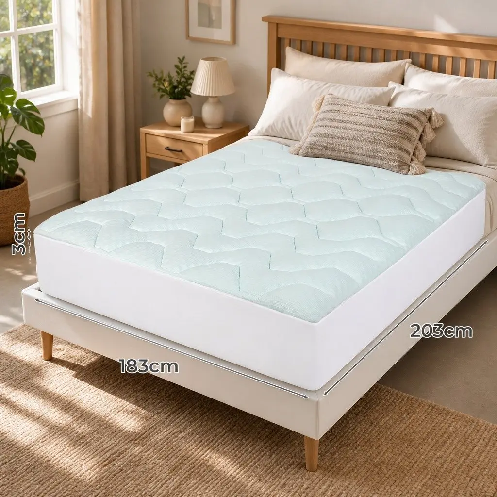 King Mattress Topper White and Blue 30D Memory Foam Bamboo Cover Cooling Pressure Relief