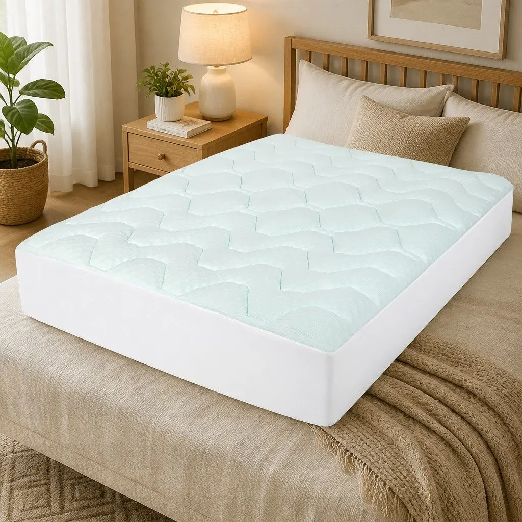 King Mattress Topper White and Blue 30D Memory Foam Bamboo Cover Cooling Pressure Relief