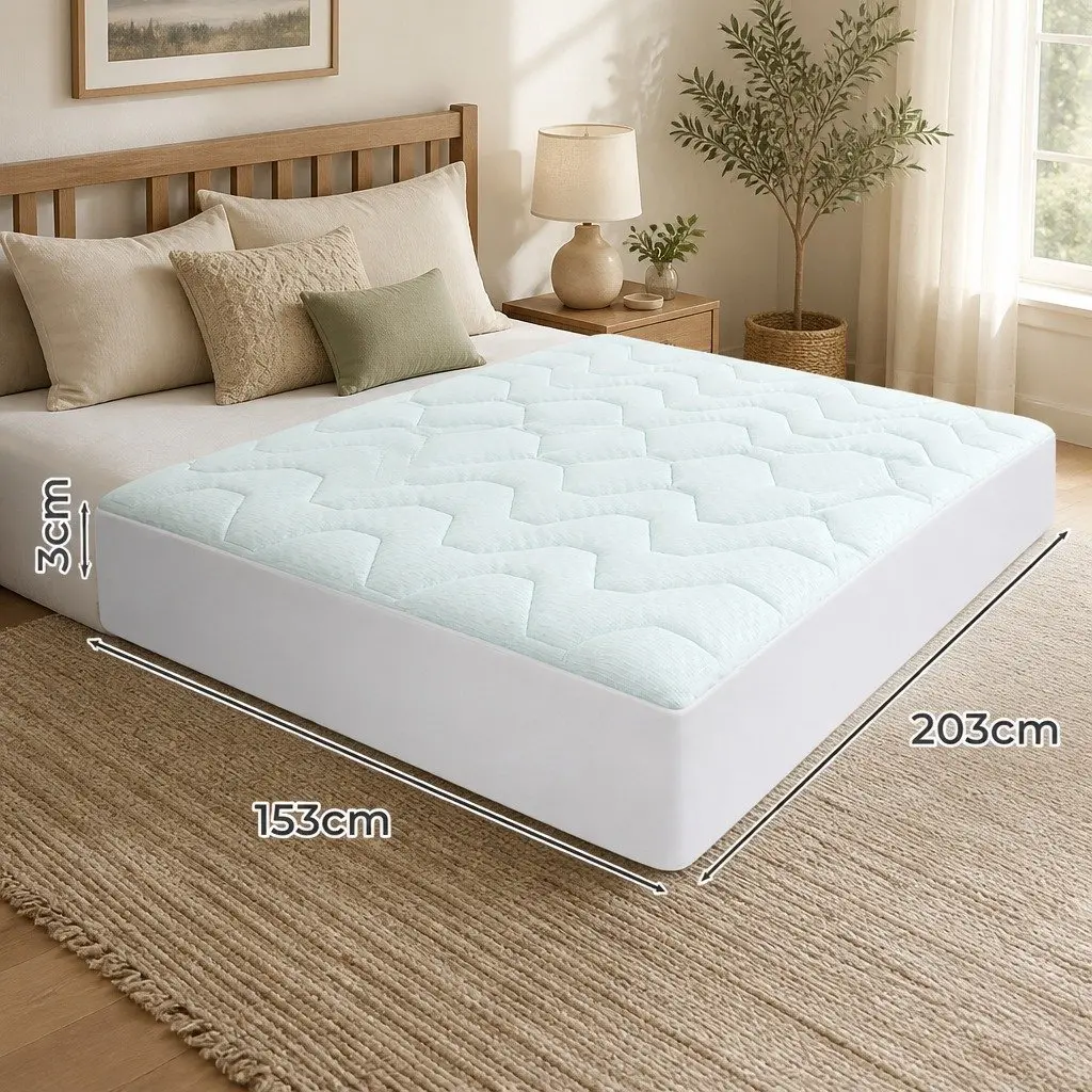 Queen Mattress Topper White and Blue 3cm Thick Memory Foam Egg-Crate Bamboo Cover