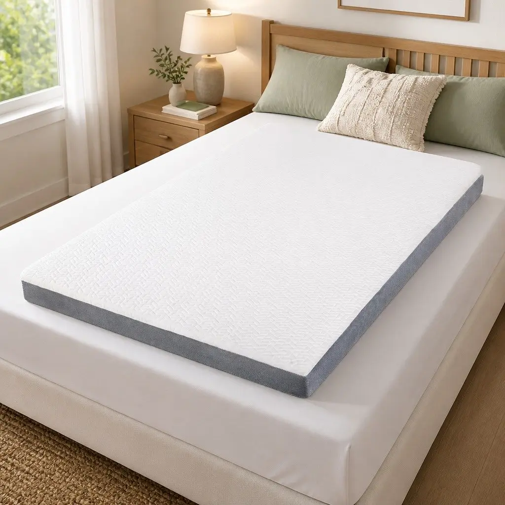Memory Foam Mattress Topper White Grey Double Size Dual Layer Anti-Slip Removable Washable