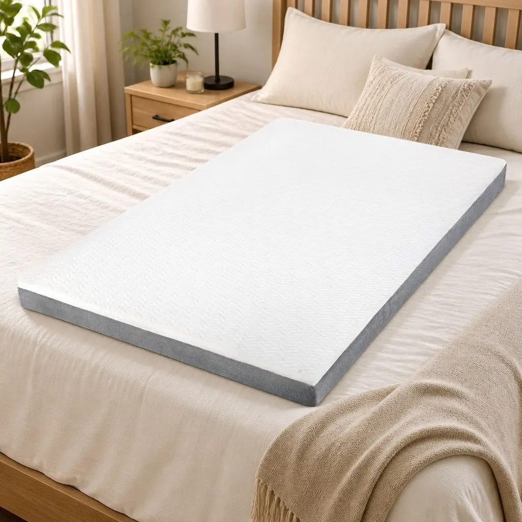 Memory Foam Mattress Topper White Grey Double Size Dual Layer Anti-Slip Removable Washable