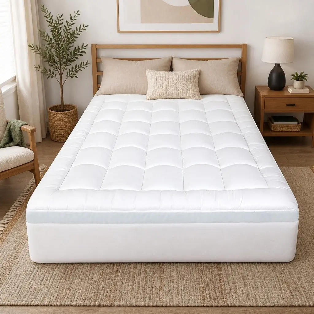 Gel Memory Foam Mattress Topper White and Blue 8cm Double Size Pressure Relief Cooling Pad