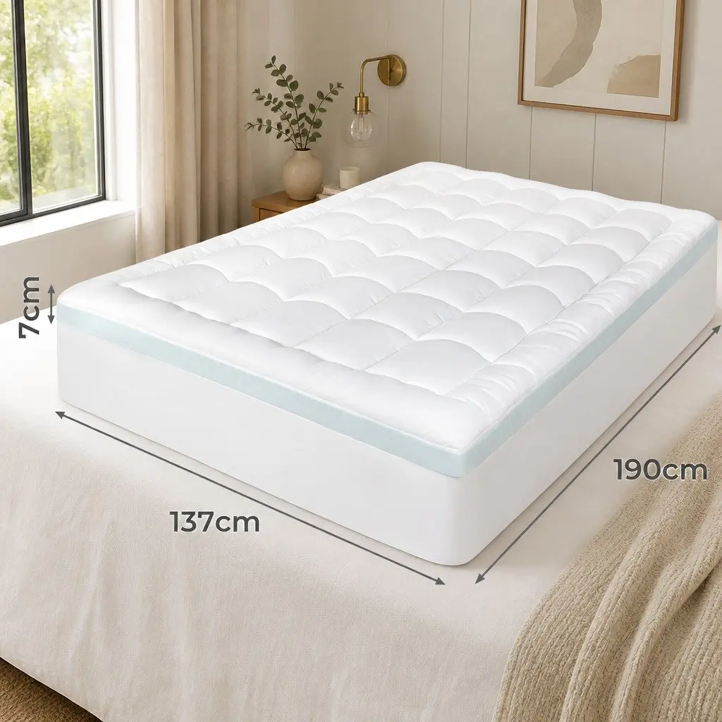 Gel Memory Foam Mattress Topper White and Blue 8cm Double Size Pressure Relief Cooling Pad