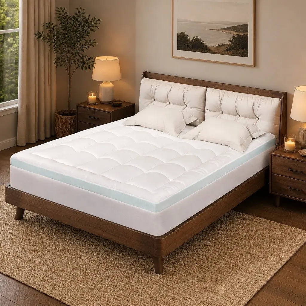 Gel Memory Foam Mattress Topper White and Blue 8cm Double Size Pressure Relief Cooling Pad