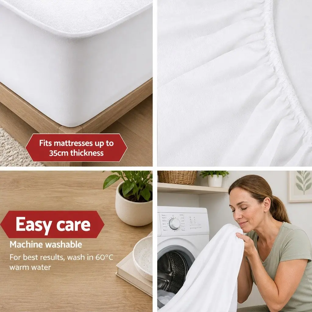 Single Mattress Protector White Bamboo Fabric Waterproof Fitted Deep 35cm