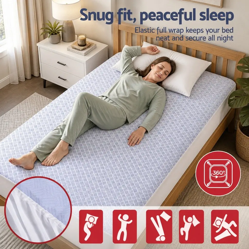 Cooling Mattress Protector Blue King Single Waterproof Deep Pocket Fitted Skirt