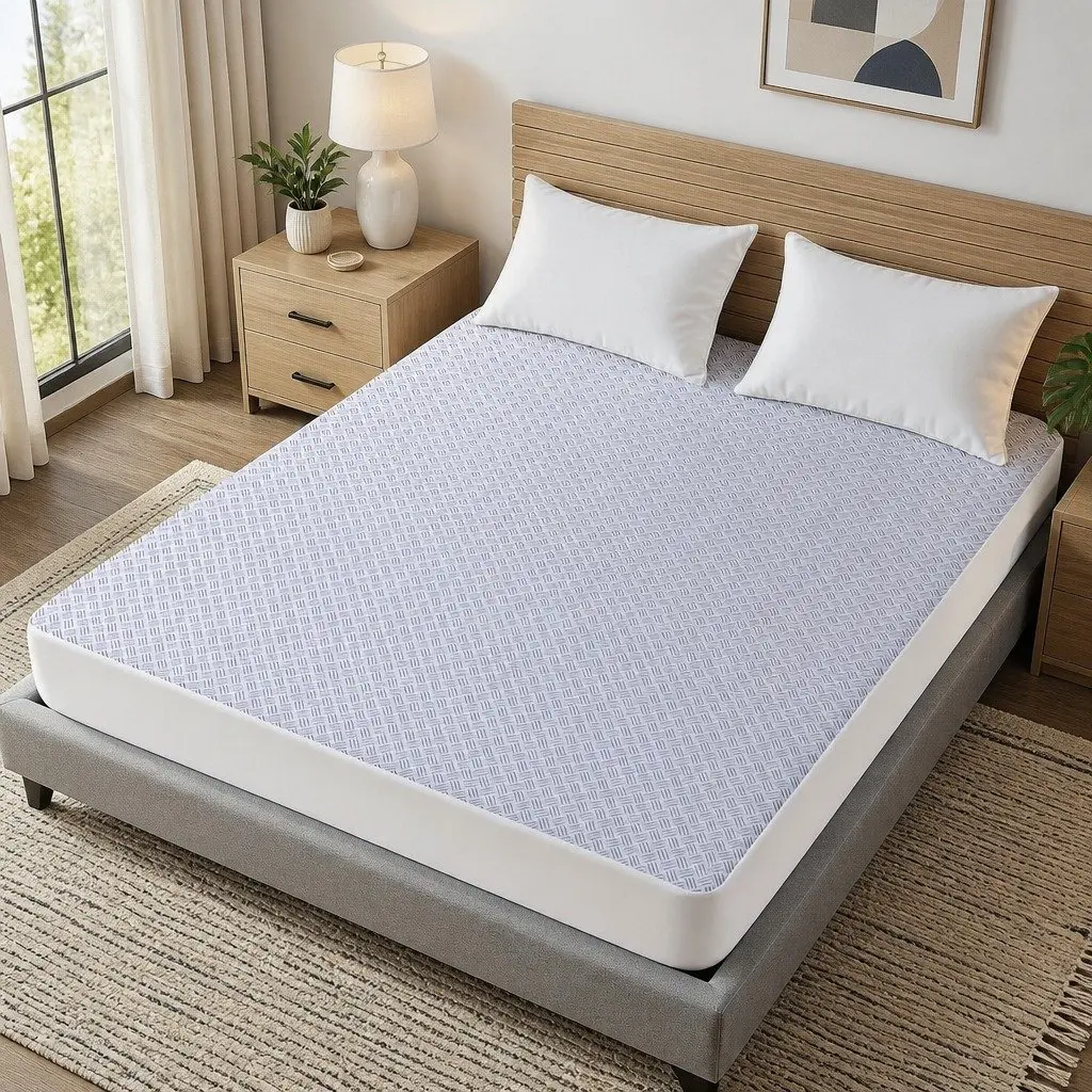 Cooling Mattress Protector Blue Double Size Waterproof Deep Pocket Fitted Cover