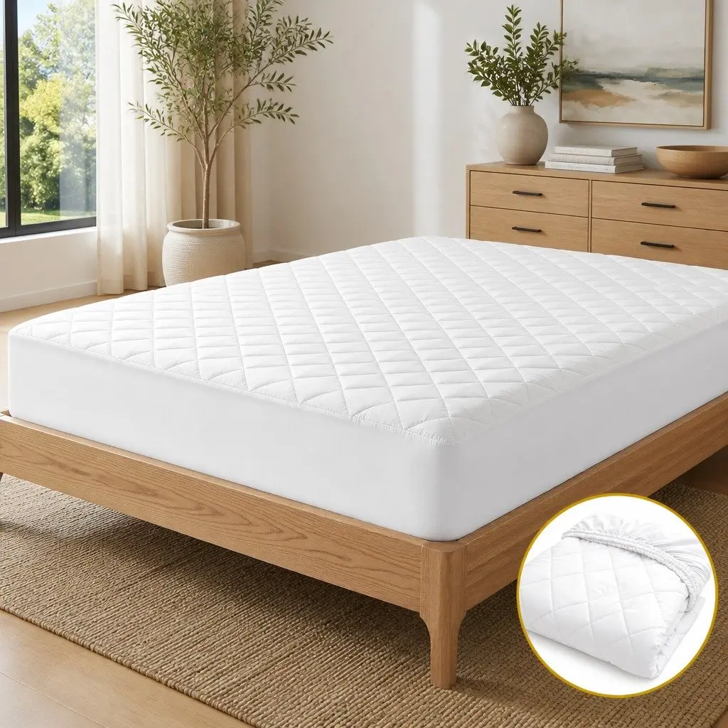 Mattress Protector Waterproof Double White Quilted Cotton Top 40cm Fitted Skirt