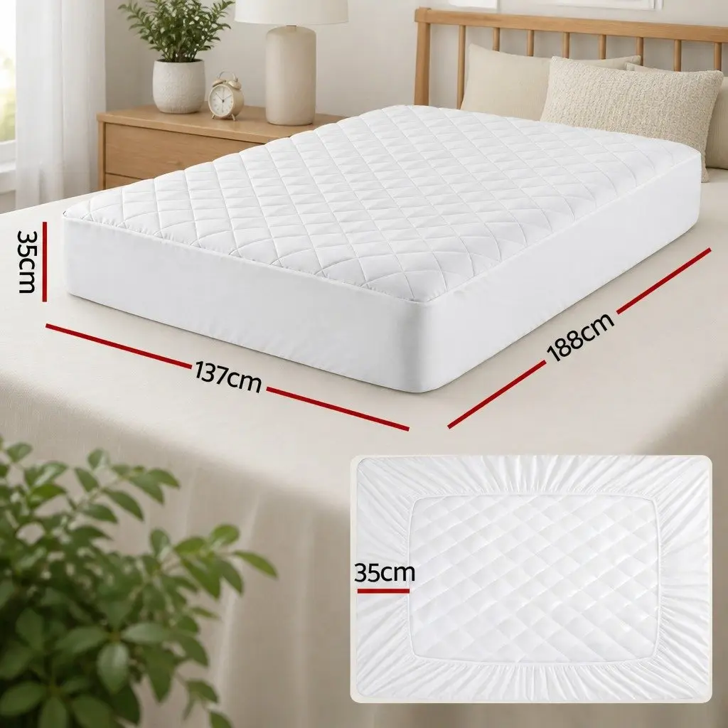 Mattress Protector Waterproof Double White Quilted Cotton Top 40cm Fitted Skirt