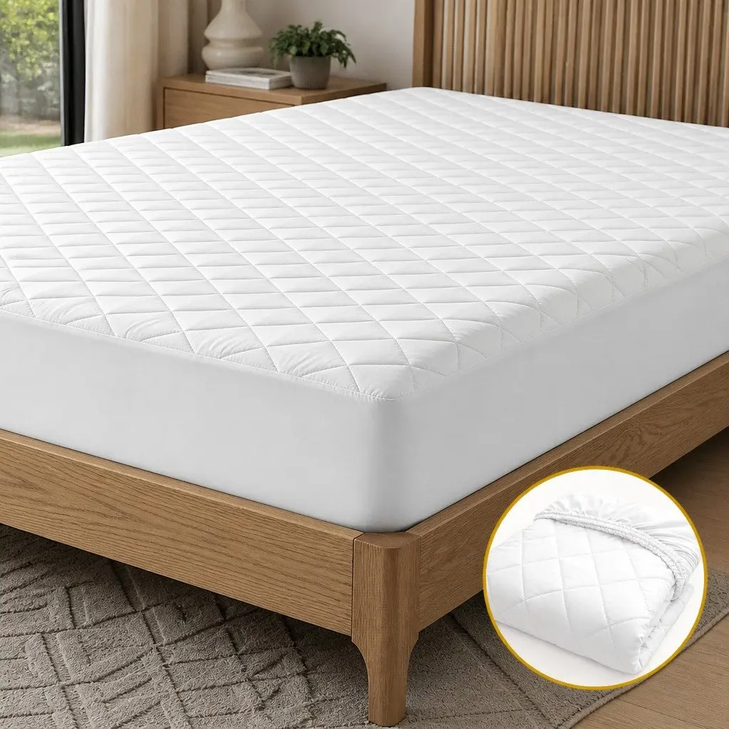 Waterproof Mattress Protector White King Quilted Cotton Cover 40cm Deep Skirt