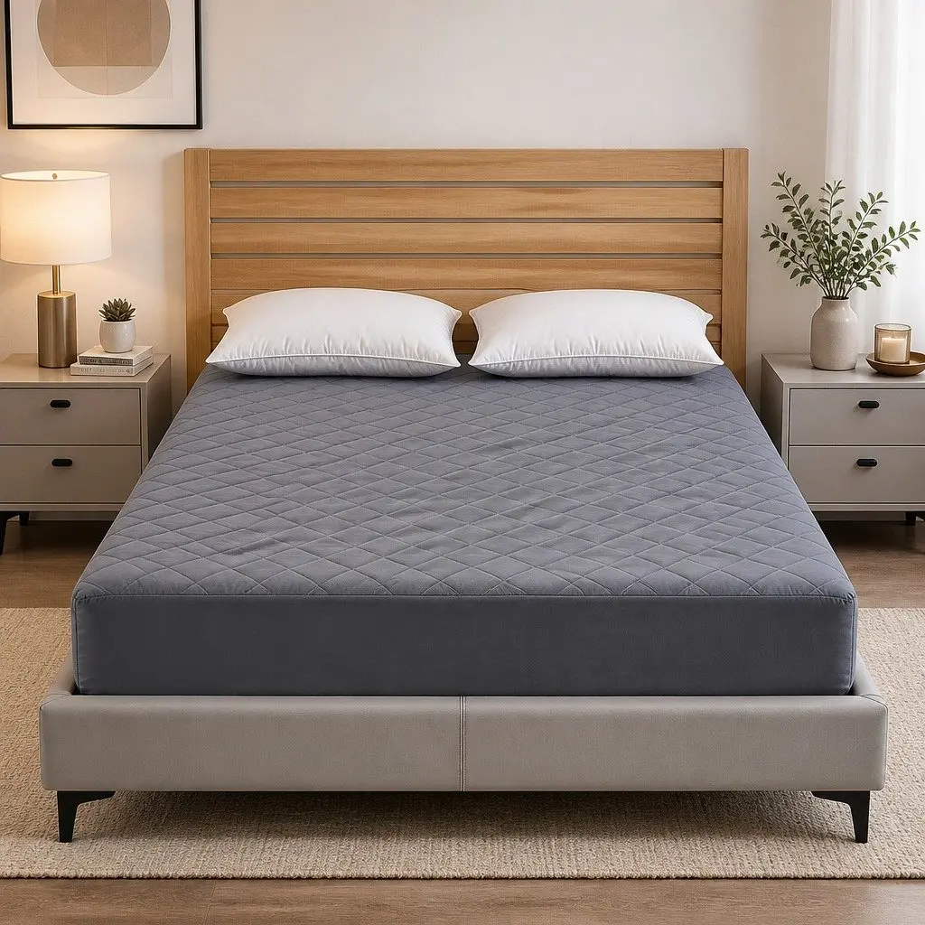 Mattress Protector Grey Double Bed Microfiber Water-Resistant 360° Elastic Fitted