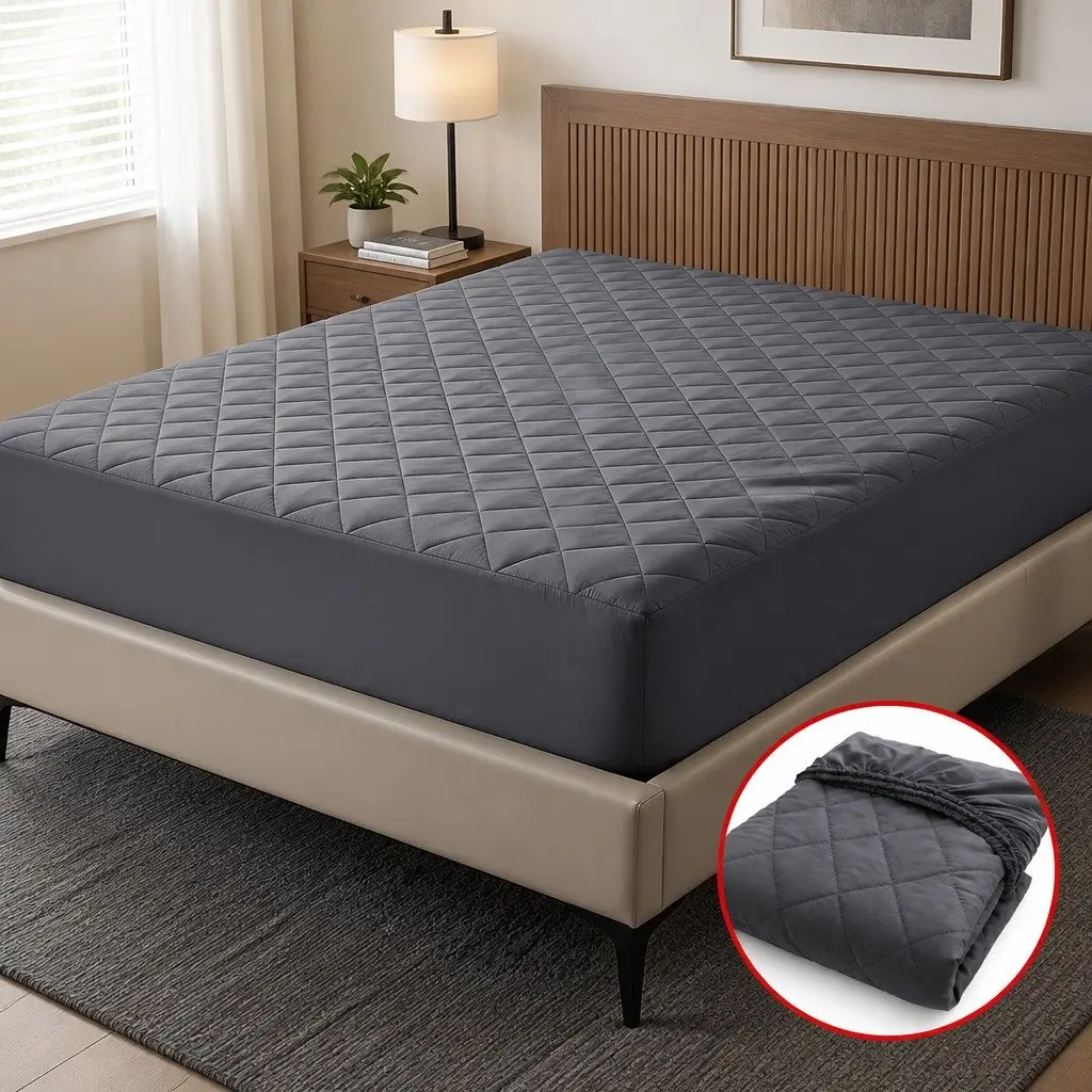 Mattress Protector Grey King Waterproof Microfiber Quilted 360° Elastic Fitted Skirt