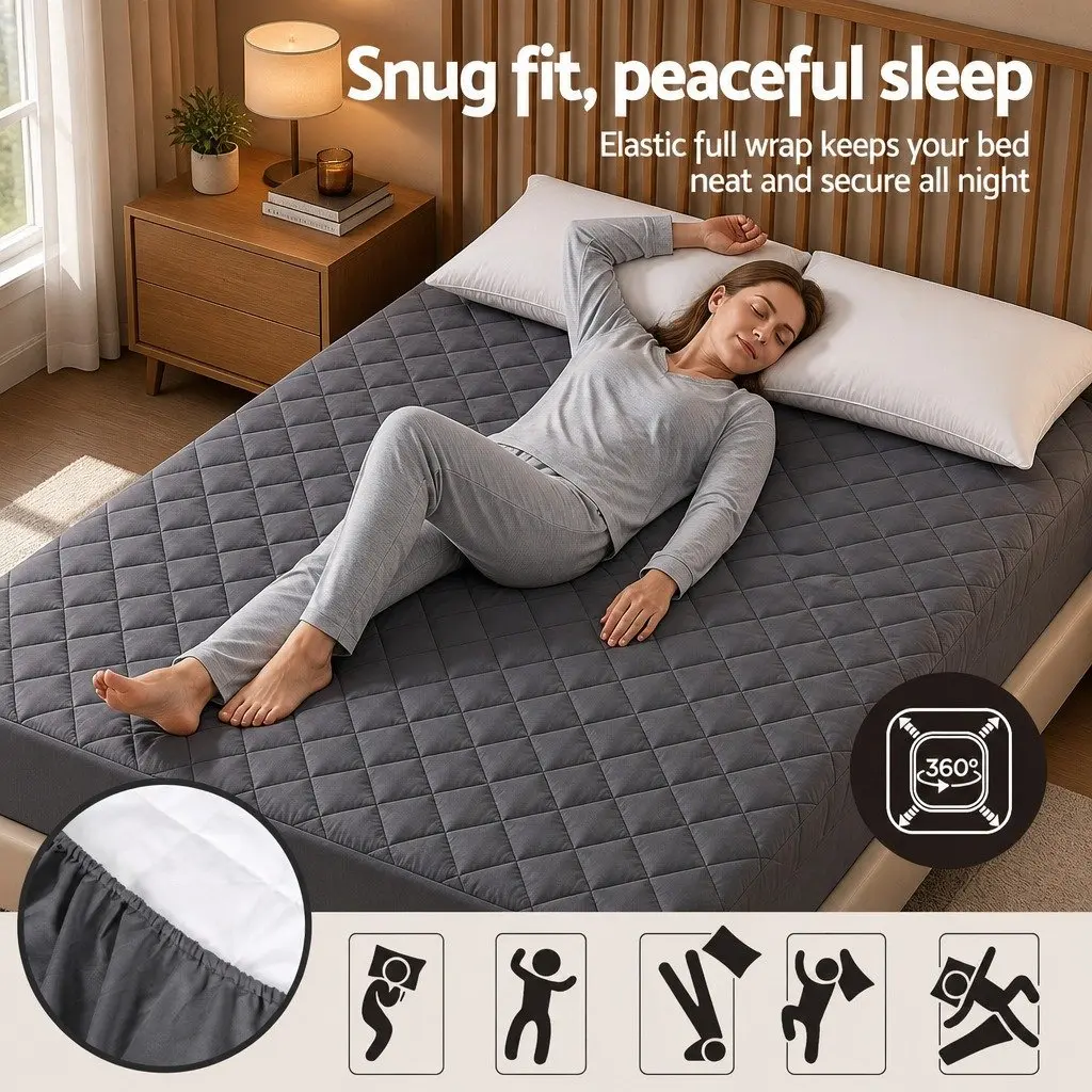 Mattress Protector Grey King Waterproof Microfiber Quilted 360° Elastic Fitted Skirt